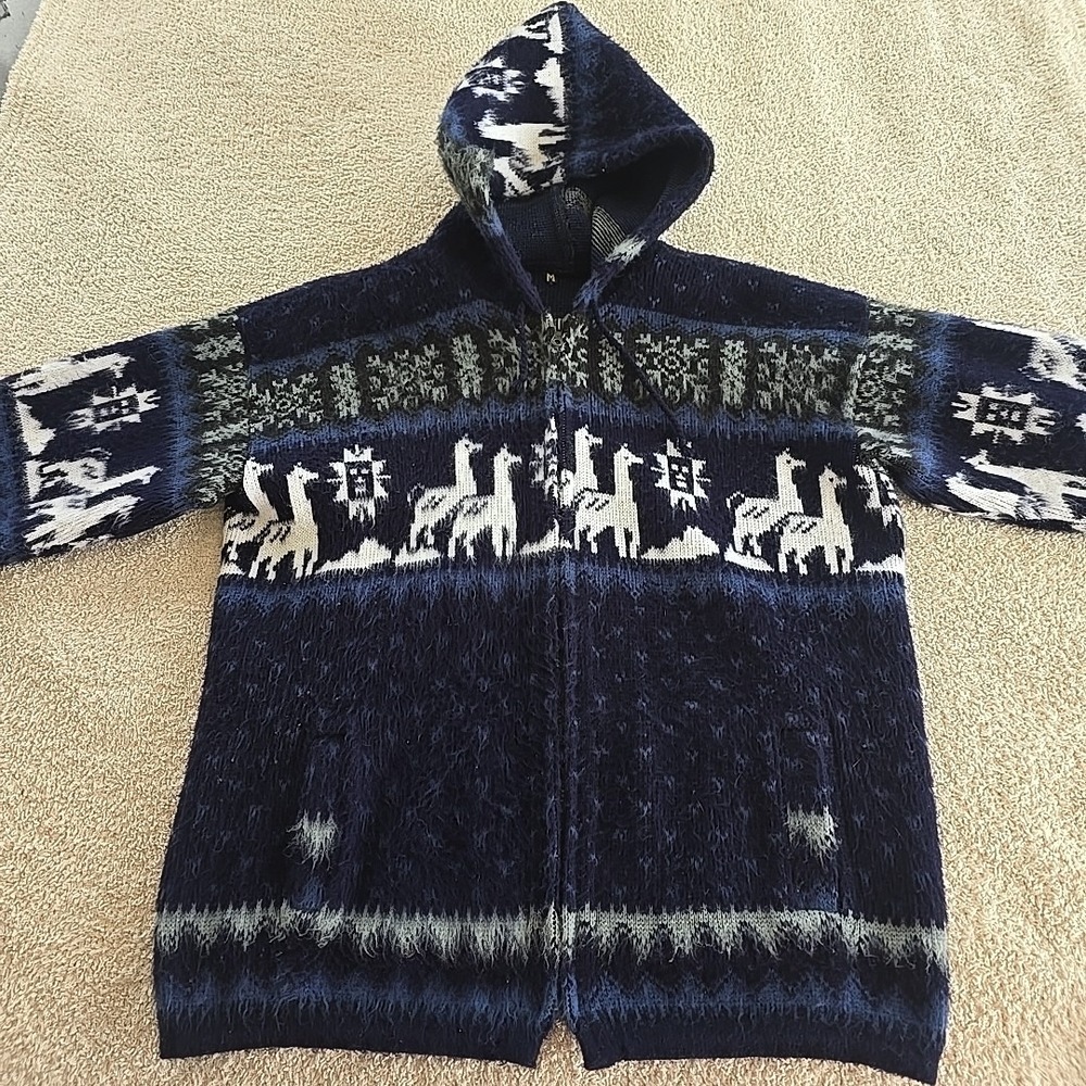 Tejidos Ruminahui All-over Alpaca Full Zip Drawstring Hooded Sweater Jacket Sz M